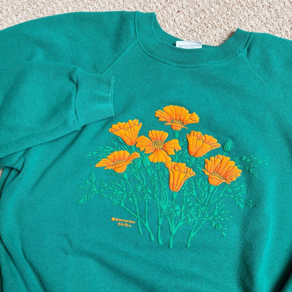 Vintage Morning Sun Hanes California Poppy Puff Print Sweatshirt Teal Green L